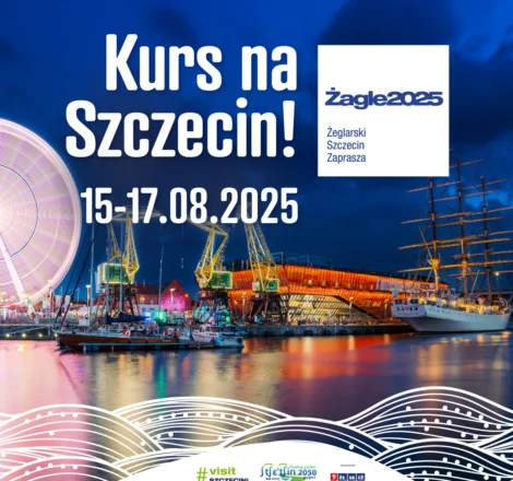 Grafika z widokiem na Łasztownię, Morskie Centrum Nauki, Dźwigozaury z hasłem promującym wydarzenie